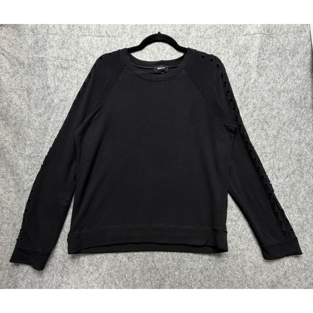 Monrow Black Laser Cut Triangle Side Sleeves Distressed Raglan Sweatshirt Medium